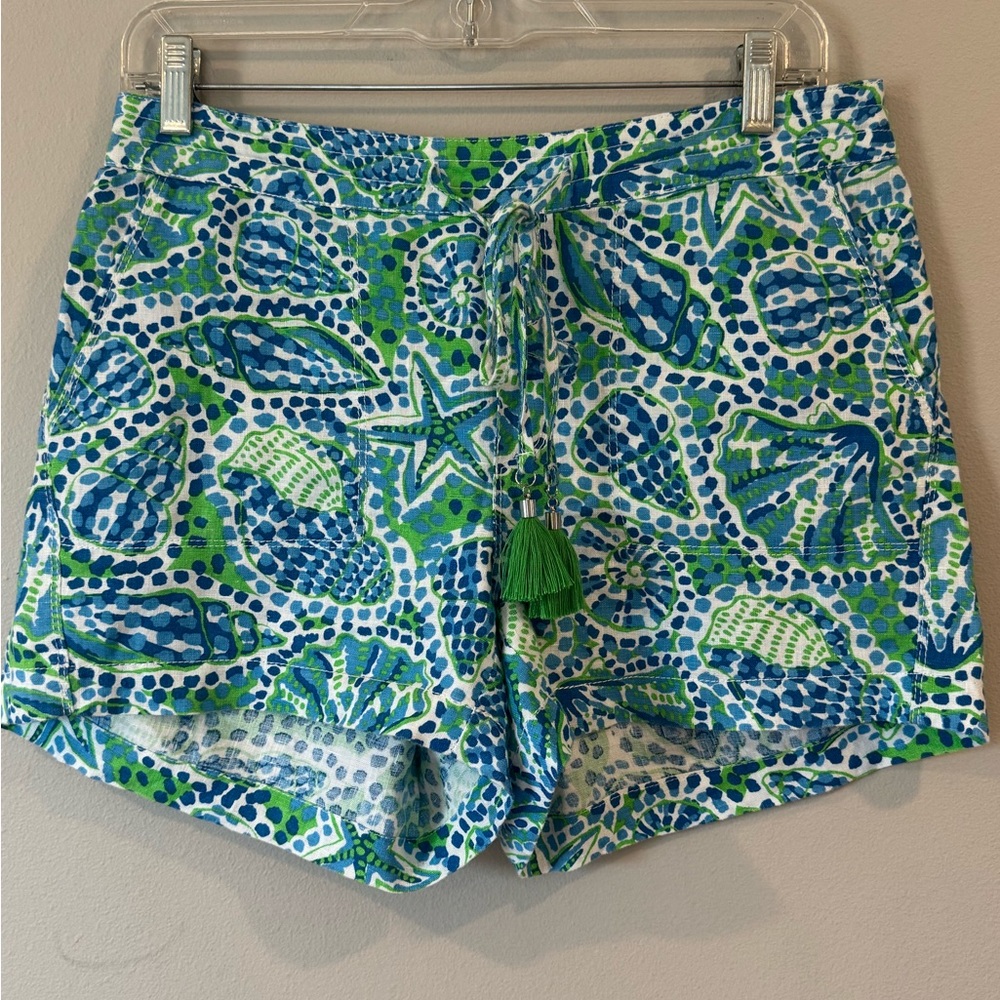 Hatley from London Linen Shorts Elastic Back Size XS Green Blue Drawstring